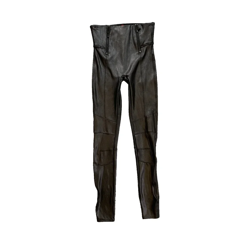 Spanx Leggings Women S Small Black Hip-Zip Faux Leather Coated Paneled Stitching